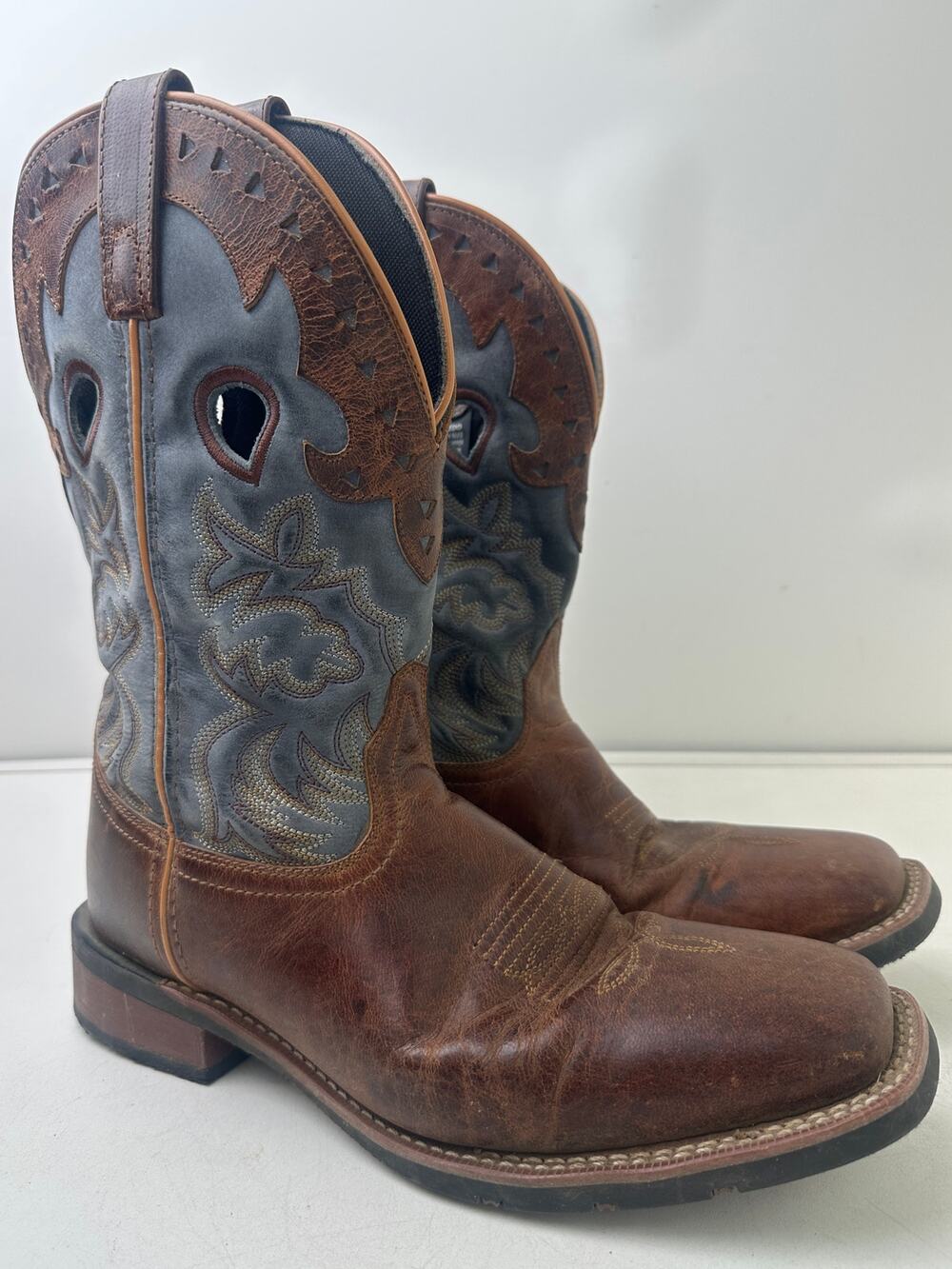 Laredo Ross Tan & Blue Broad Square Toe Western Boots Men's Sz 10.5
